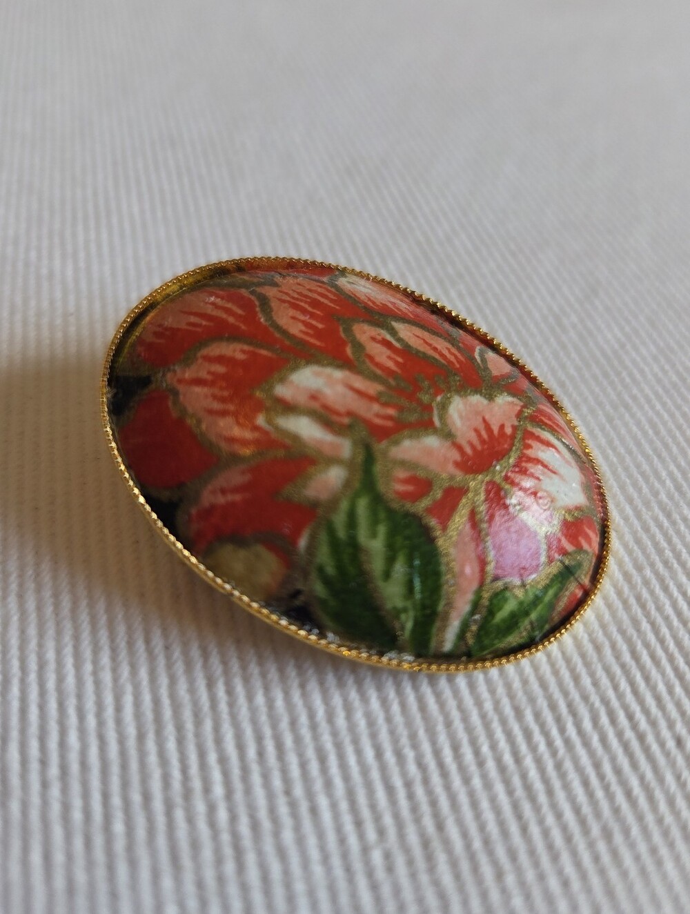Vintage Japanese Floral Oval Cloisonné Style Pin Brooch Or Pendant- Red & Green